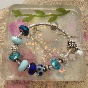 Elegant Blue Sterling Silver pandora style Charms Bracelet 7.5"